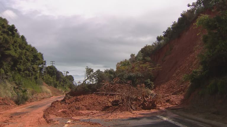 A slip blocking the highway north near Matarangi in Coromandel.