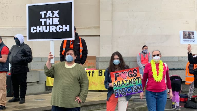 Counter-protest to the Freedom and Rights Coalition's event at Auckland Domain on August 6.