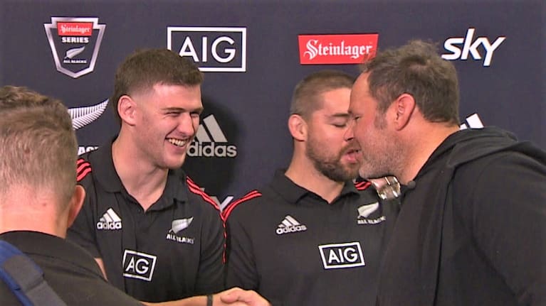 Dalton Papalii and Josh Kronfeld share a moment after a humorous press conference.