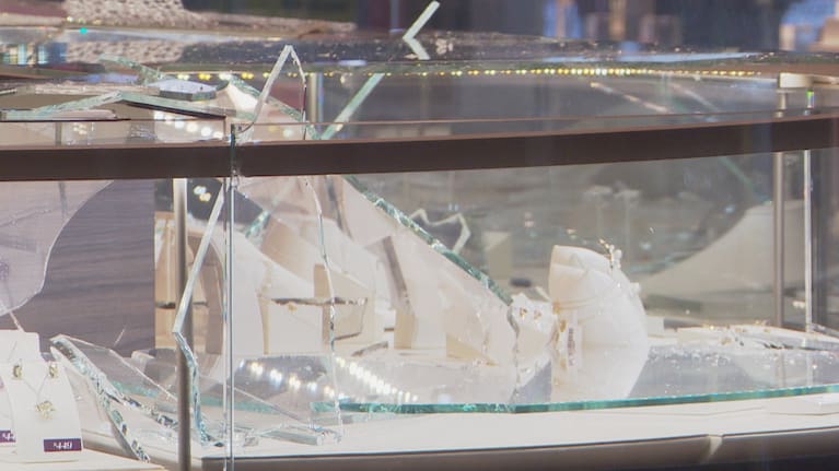 Damage to display cabinet at Michael Hill store in Queen St, Auckland following a burglary.