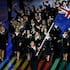 Dame Val Adams leads the NZ team at the Glasgow 2014 opening ceremony.