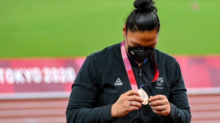 Dame Valerie Adams at the medal ceremony for the women's shot put at the Tokyo Olympics.