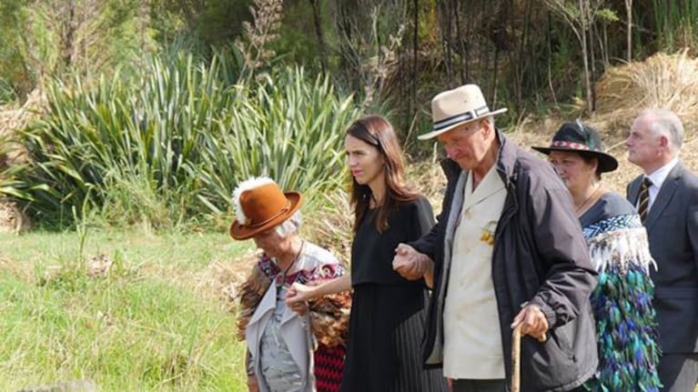 Prime Minister Jacinda Ardern visits Dame Whina Cooper's grave before unveiling a statue of Dame Whina in Panguru, Northland.