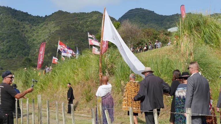 Prime Minister Jacinda Ardern is joined by a a hīkoi from the Far North, combined with protestors from Ihumātao, at they walk up the hill to a statue of Dame Whina Cooper.