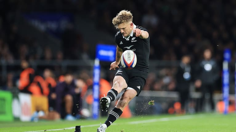 Damian McKenzie, pictured kicking the winning conversion for the All Blacks against England, will almost certainly start against Ireland.