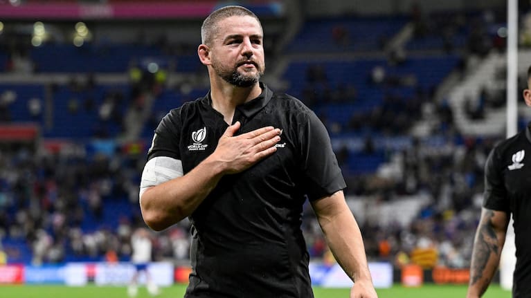 Dane Coles thanks the crowd after a World Cup pool game against Italy in Lyon in 2023.