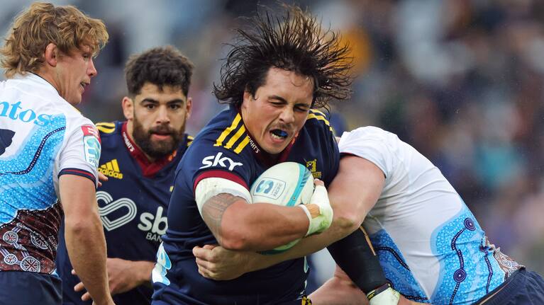 Prop Daniel Lienert-Brown on the charge for the Highlanders against the Waratahs in Dunedin.