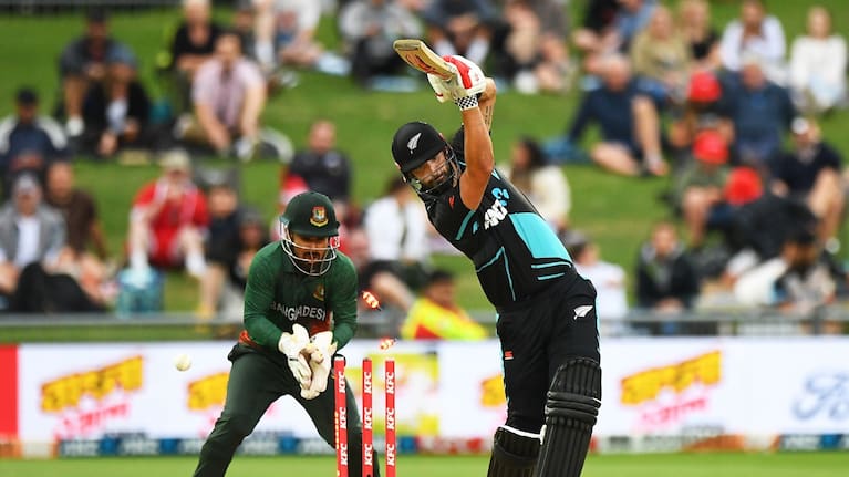 Daryl Mitchell is bowled in the first T20 between NZ and Bangladesh.