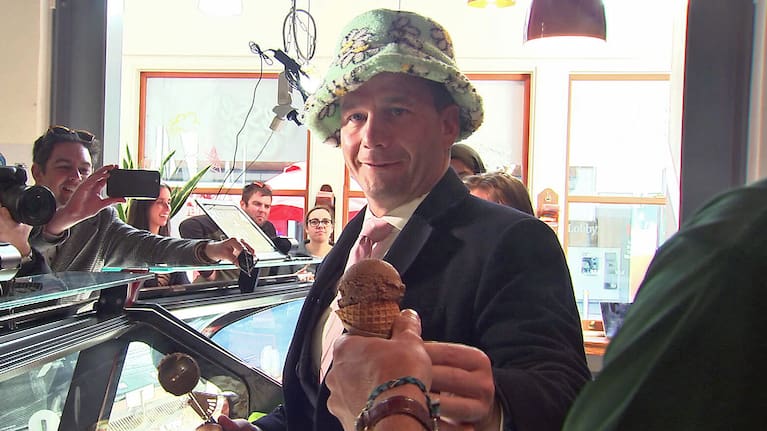 David Seymour serving up a storm at Christchurch gelato store.