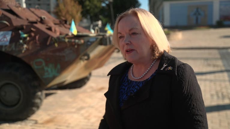 Defence Minister Judith Collins at the site of a Russian missile attack in Kyiv.