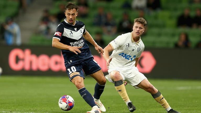 Denis Genreau of Victory controls the ball during the A-League Men's Round 1 match between the Melbourne Victory and Auckland FC