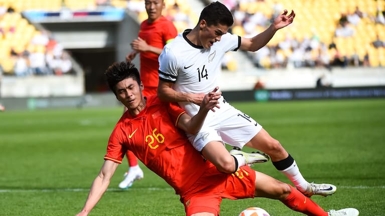 All White Eli Just earns a penalty against China in Wellington.