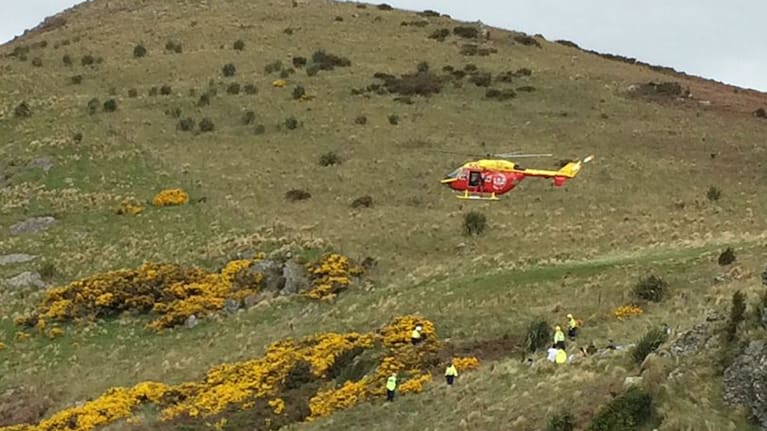 Emergency services at the scene of a hang glider crash, Christchurch.