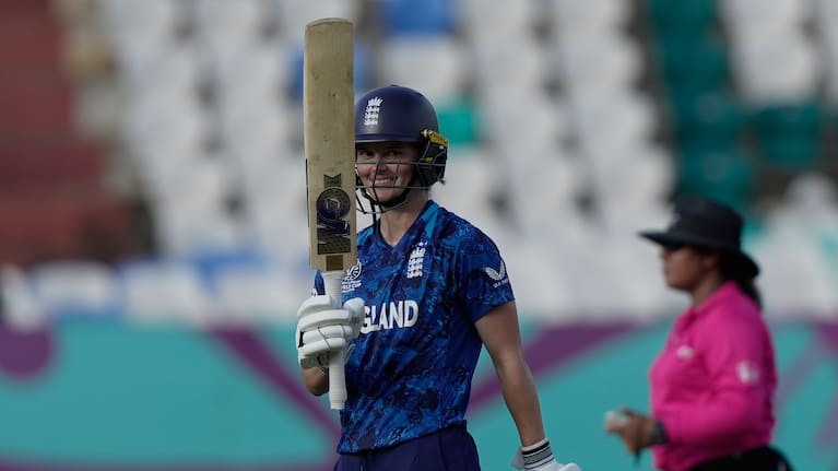 England's Amy Jones celebrates after scoring fifty runs during the ICC Women's Cricket World Cup match between England and New Zealand.
