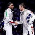 Filippo Macchi and Cheung Ka-long after the foil final at the Paris Olympics