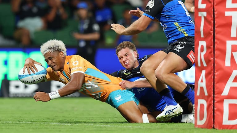 Fine Inisi of Moana Pasifika crosses for a try against the Force in Perth.