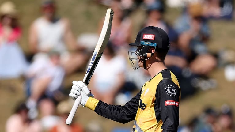 Firebirds' Finn Allen celebrates 50 runs during the Dream 11 Super Smash cricket match between the Wellington Firebirds & Central Stags at the Basin Reserve in Wellington. 31 January 2021. © Copyright image by Marty Melville / www.photosport.nz