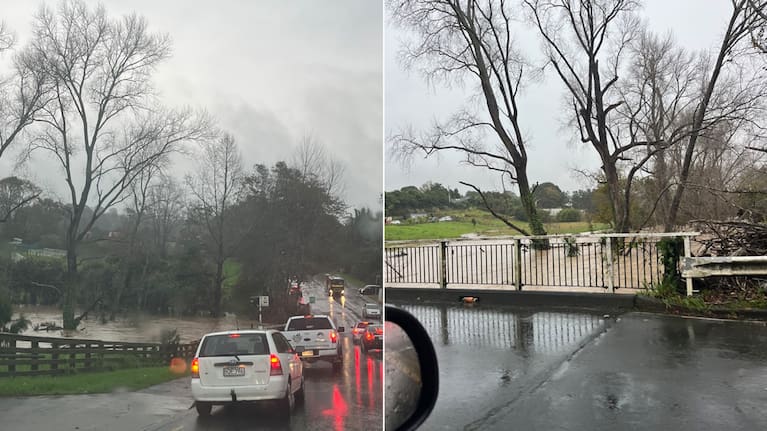 Oratia Stream at Parrs Cross Rd, west Auckland, close to breaking its banks after heavy rain.