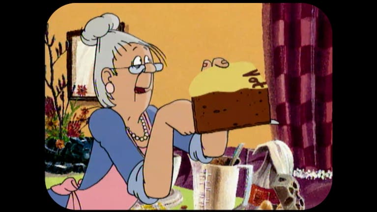 Footrot Flats’ Aunt Dolly cuts cake to explain how the party vote becomes a share of seats in Parliament.