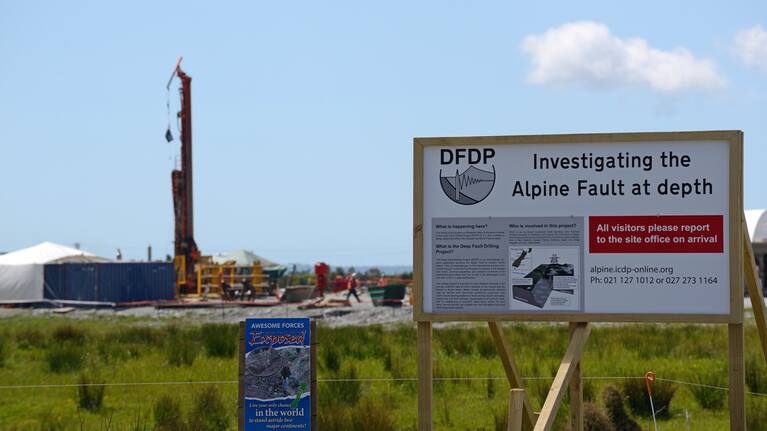 WHATAROA, NEW ZEALAND, DECEMBER 5, 2014: Signage at the Deep Fault Drilling Project, Whataroa, New Zealand. Geologists expect to gain knowledge of earthquakes from core samples of the Alpine Fault.