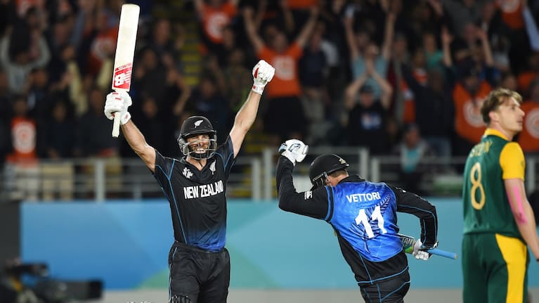 Grant Elliott celebrates after hitting a six to win the 2015 World Cup semi-final against South Africa.