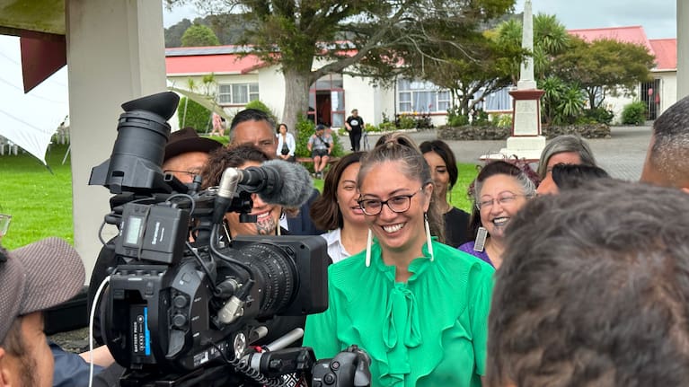 Green MP Candidate for Te Tai Tokerau Hūhana Lyndon speaks to media outside Te Tii Waitangi Marae.