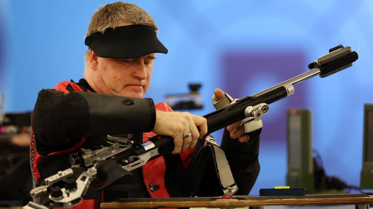 Greg Reid of New Zealand competes in the R3 Mixed 10m Air Rifle Prone qualifying on day four of Paris 2024.