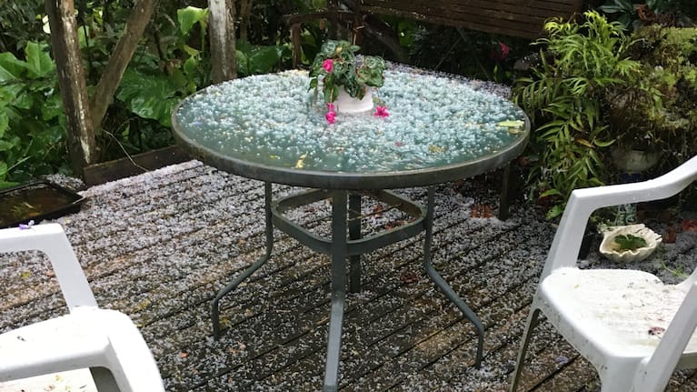 Hail seen in a backyard in Glenbervie, Whangarei.