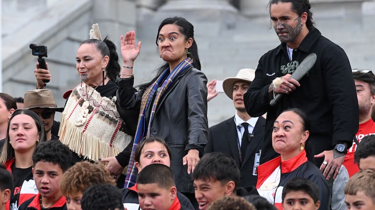 Eru Kapa-Kingi alongside Te Pāti Māori members at last year's hīkoi protests.