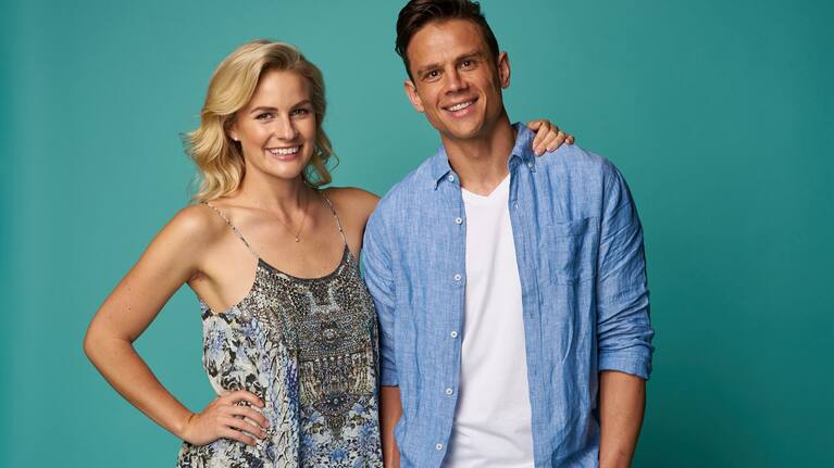 Heartbreak Island hosts Matilda Rice and Mark Dye.