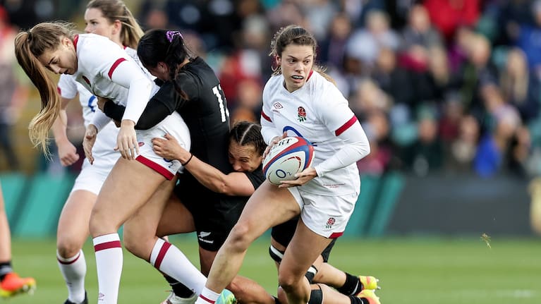 England's Helena Rowland, pictured playing against the Black Ferns in November last year, will fly economy class to New Zealand for the World Cup with the rest of her team.