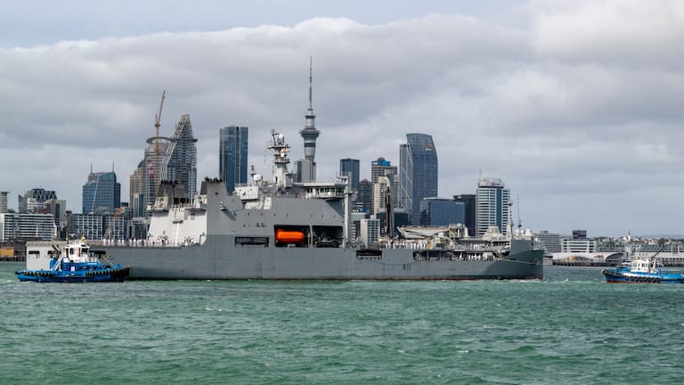 HMNZS Aotearoa arrives in Auckland.