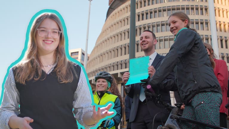 Iris Ewart (left) is homeschooled and loves sport. The petition was received on the steps of the Beehive.