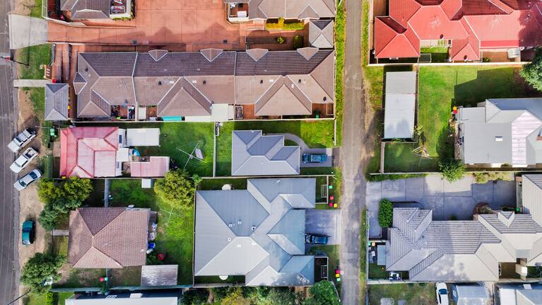 An overhead view of a suburban neighbourhood.