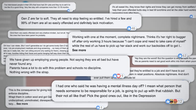 Illustration of a range of social media messages about Gen Z workers.