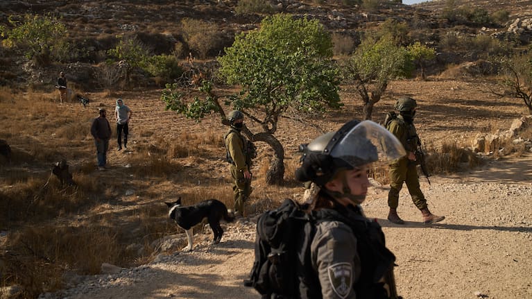 Israeli settlers stand near members of Israeli forces blocking access for Palestinians to an area for harvesting olives in the West Bank village of Sa'ir, near Hebron, Thursday, October 23, 2025.