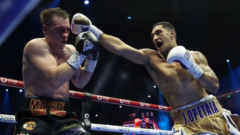 Jai Opetaia lands a jab against Jack Massey in October. in Saudi Arabia .