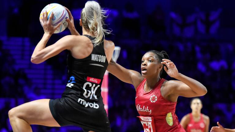 20/07/2019 - Netball - Vitality Netball World Cup 2019 semi final - England v New Zealand - M&S Bank Arena, Liverpool, England - Jane Watson of New Zealand and Eboni Usoro-Brown of England.
Copyright photo: Allan McKenzie / SWPix.com / www.photosport.nz