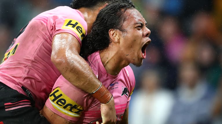 Jarome Luai of the Panthers celebrates a try.