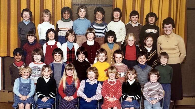 Jenny-May (then) Coffin (third from right, second from back row) at Piopio school in 1980.