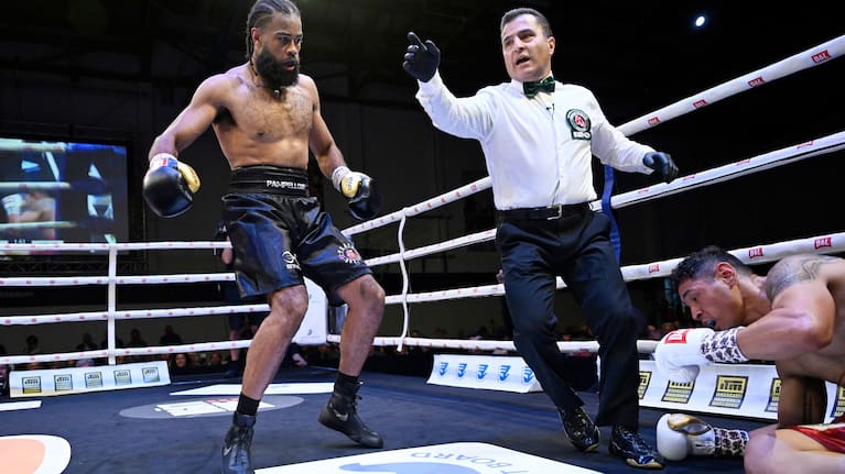 Jerome Pampellone knocks down Rogerio Medina Luna in the first round in Whangārei.