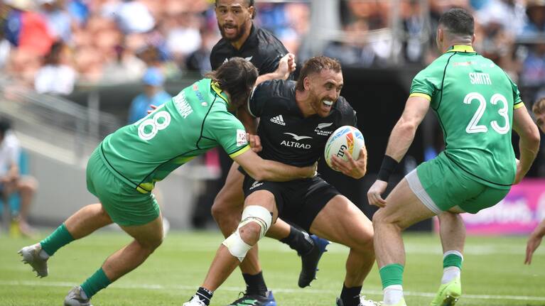 Joe Webber takes the ball into contact against Ireland in his side's World Series quarter-final victory in Hamilton.