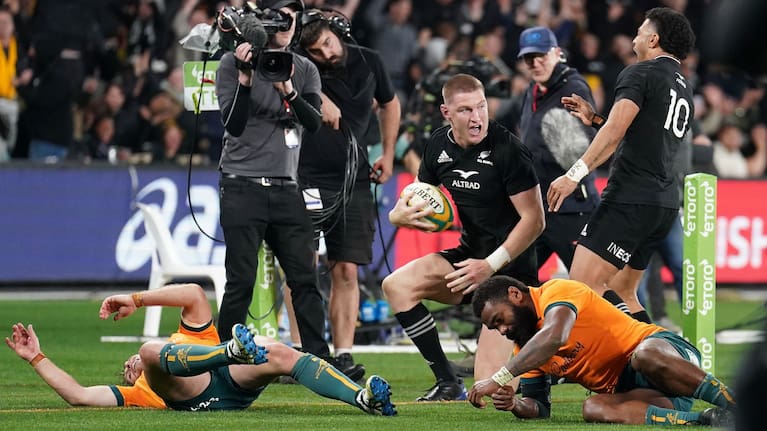 Jordie Barrett scores the last-gasp try against the Wallabies that earned the All Blacks a dramatic win in Melbourne.
