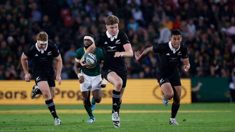 All Blacks midfielder Jordie Barrett sprints away for his intercept try against South Africa at Ellis Park.