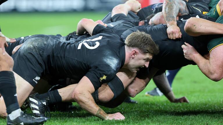 Jordie Barrett packs down on the side of the scrum in Paris last year.