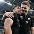 Jordie Barrett celebrates the All Blacks' World Cup quarter-final victory over Ireland last year with his now former Hurricanes teammate Ardie Savea.