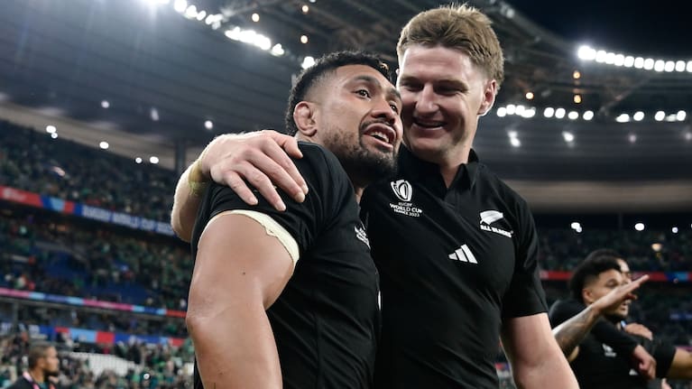 Jordie Barrett celebrates the All Blacks' World Cup quarter-final victory over Ireland last year with his now former Hurricanes teammate Ardie Savea.