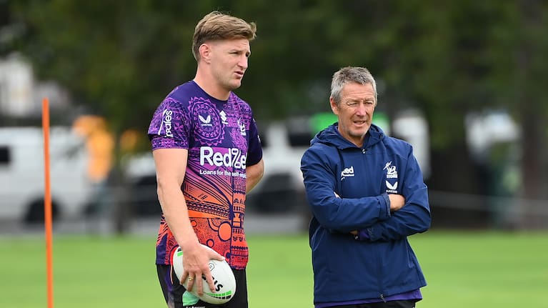 Jordie Barrett and Craig Bellamy at Melbourne Storm training