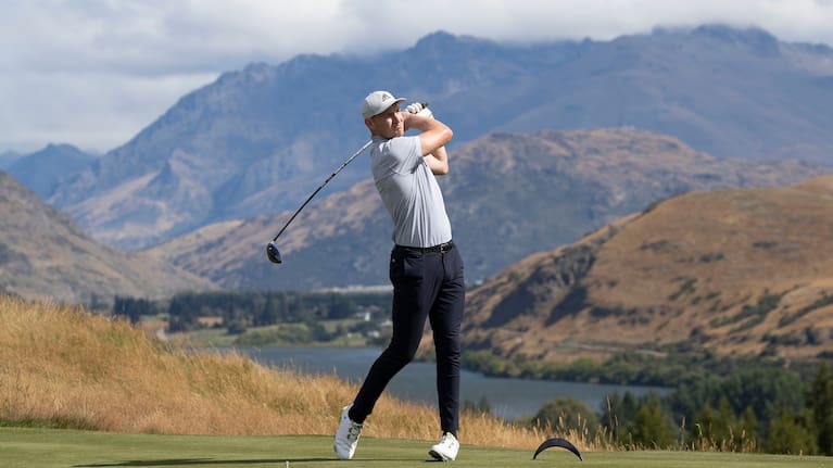 Barrett tees off during the New Zealand Open golf pro-am tournament in Queenstown in 2020.