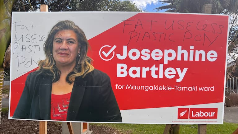 Josephine Bartley, the incumbent councillor for Maungakiekie and one of only two female Samoans on Auckland’s governing body, says a hoarding on Captains Springs Road was defaced with explicit abuse.